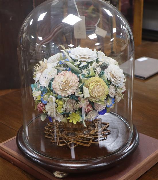 A Victorian coloured shell floral display under glass dome overall height 41cm